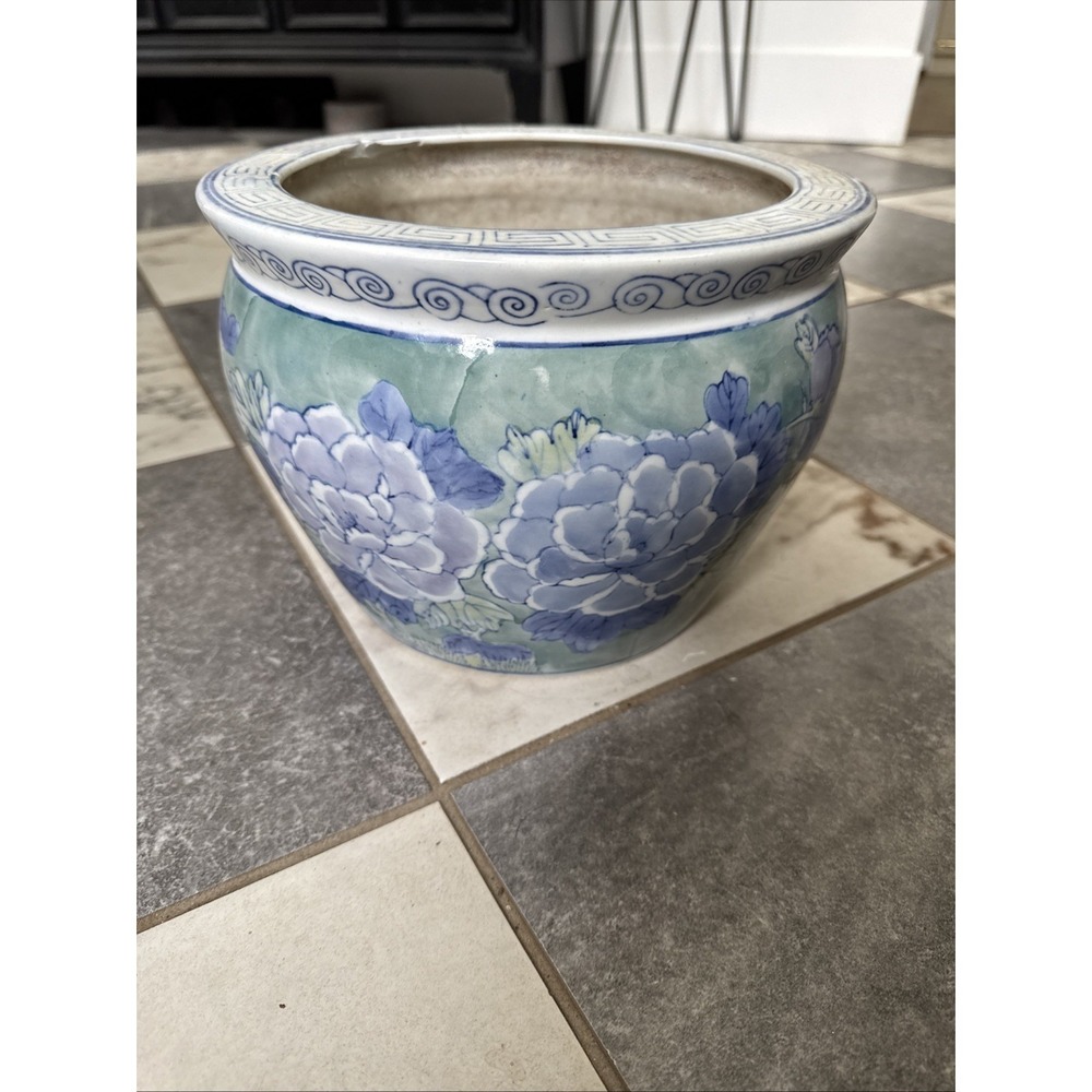 Vintage Chinese Blue Pink Polychrome Ceramic Flower Pot Floral Planter 10in